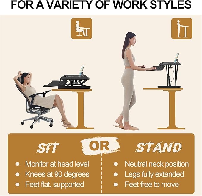 Standing Desk Converter 32” Height Adjustable Sit to Stand Up Desk Riser with Keyboard Tray for Home or Office, Dual Monitor and Computer Workstation Wide 2-Tier Desktop, Black