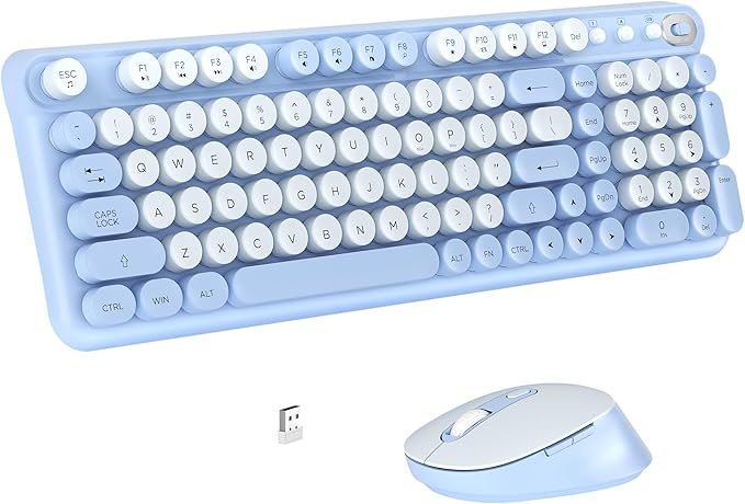Wireless Keyboard and Mouse Combo, Full-Size Retro Typewriter Keyboard Style, 2.4GHz USB Receiver, Plug-and-Play, Keyboard Mouse Set for Computer, Laptop, Windows, Mac, and PC (Blue)