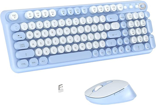 Wireless Keyboard and Mouse Combo, Full-Size Retro Typewriter Keyboard Style, 2.4GHz USB Receiver, Plug-and-Play, Keyboard Mouse Set for Computer, Laptop, Windows, Mac, and PC (Blue)