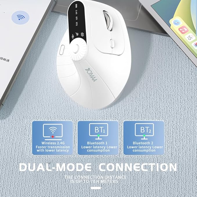 JOMAA Wireless 2.4G & Dual Bluetooth Three-Channel Ergonomic Vertical Mouse Adjustable DPI, Multi-Function Turntable for PC, Laptop, MacBook, Rechargeable (White)