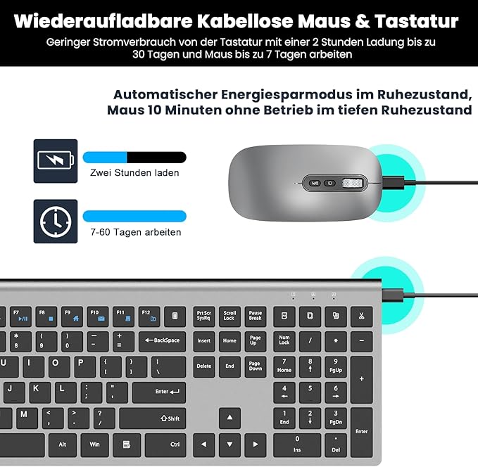 Rechargeable Wireless Keyboard and Mouse Combo, Full Size Silent Ergonomic Scissor Switch Keyboard and Optical Mouse Set, 2.4G Lag-Free Cordless Keyboard Mice for Computer,Mac,Laptop,PC,Windows-Grey