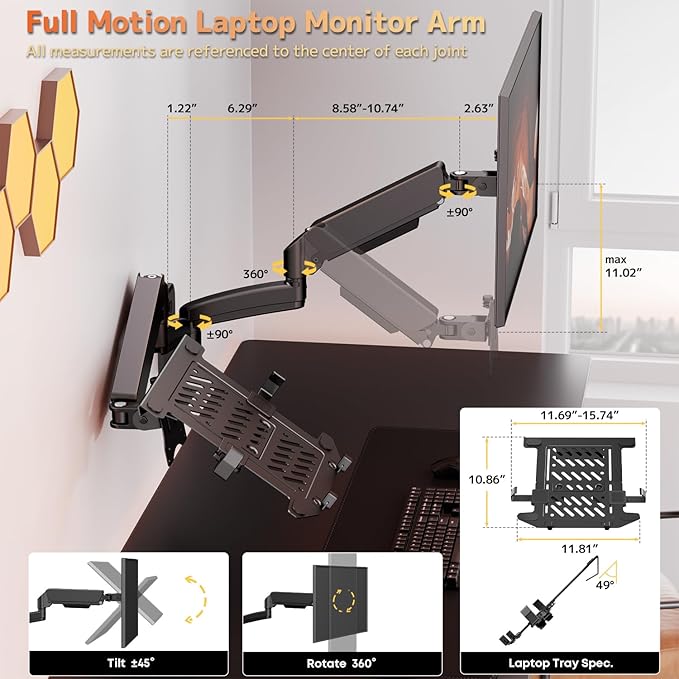 PUTORSEN Monitor and Laptop Wall-Mount - Full Motion 2-in-1 Monitor Arm Fits Max 32" Screen and 18" Laptop, Holds up to19.8lbs, Detachable Laptop Tray with Adjustable Slide Clamp, VESA 75x75/100x100