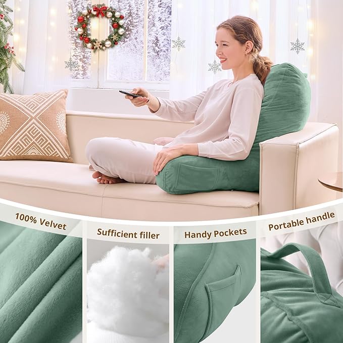Sasttie Reading Pillow for Bed - 23 Inch, Back Pillow for Bed Sitting Up, Back-Rest Support Cushion with Side Pockets and Arms, Dorm Essentials, Oeko-Tex Certified, Sage