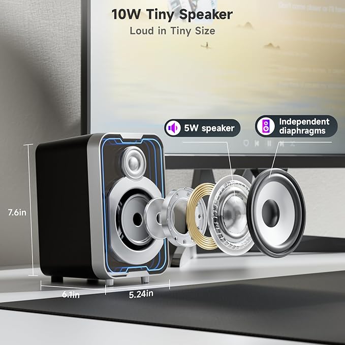 SOULION 2.0 Computer Speakers, 10W USB-Powered Bluetooth Wired PC Speaker with Easy-Control Pod for Desktop, Tiny Desk Soundbar with 5 Mirror-Like LED Light Modes for Monitor Laptop Gaming Music Black