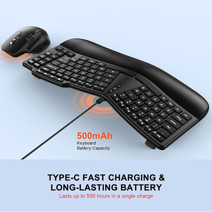 Ergonomic Wireless Keyboard Mouse, Wave Key Bluetooth/2.4G Split Design Ergo Keyboard Mouse Combo with Cushioned Palm Rest, Multi-Device, Rechargeable, for Multi-OS, Windows/Mac/Android