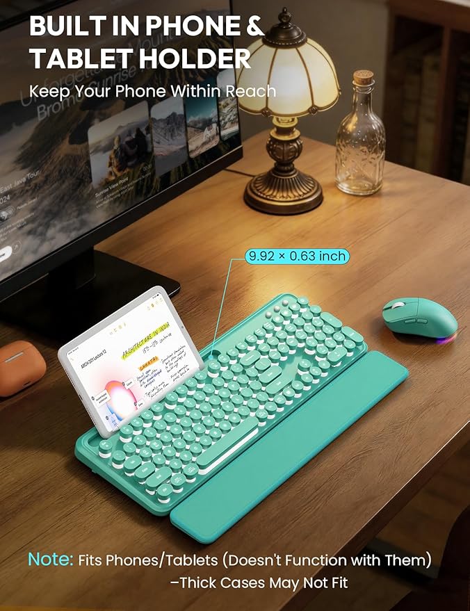 Wireless Keyboard and Mouse Combo - Backlit Typewriter Keyboard with Magnetic Wrist Rest & Phone Holder, Light Up Round Keycaps, 2.4GHz Cordless Set for Mac, Windows, PC, Laptop, SABLUTE