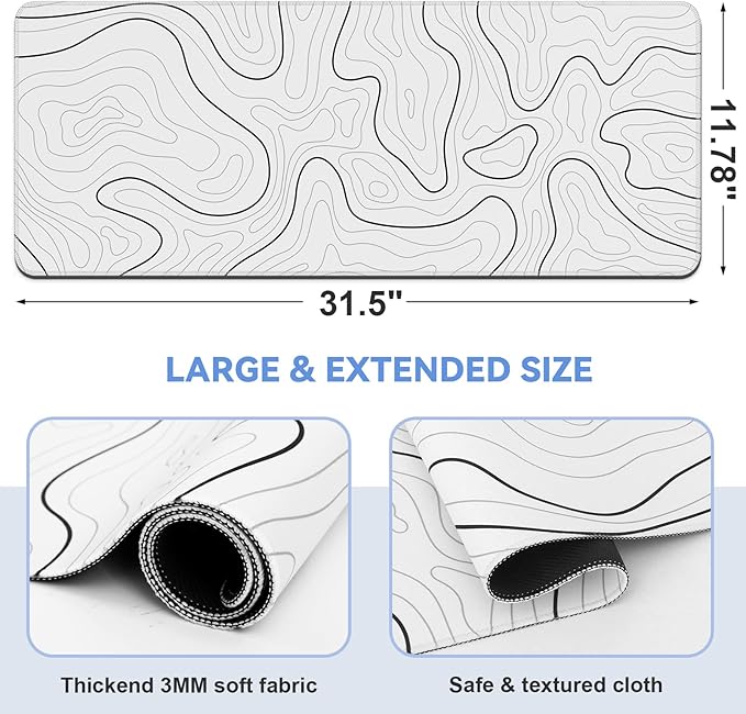 Mouse Pad Gaming Mousepad 31.5 x 11.8 in Large Mouse Pad for Keyboard and Mouse with Anti-Slip Rubber Base, Keyboard Pad XL Mouse Mat for Home and Office(White with Black Topographic Line)