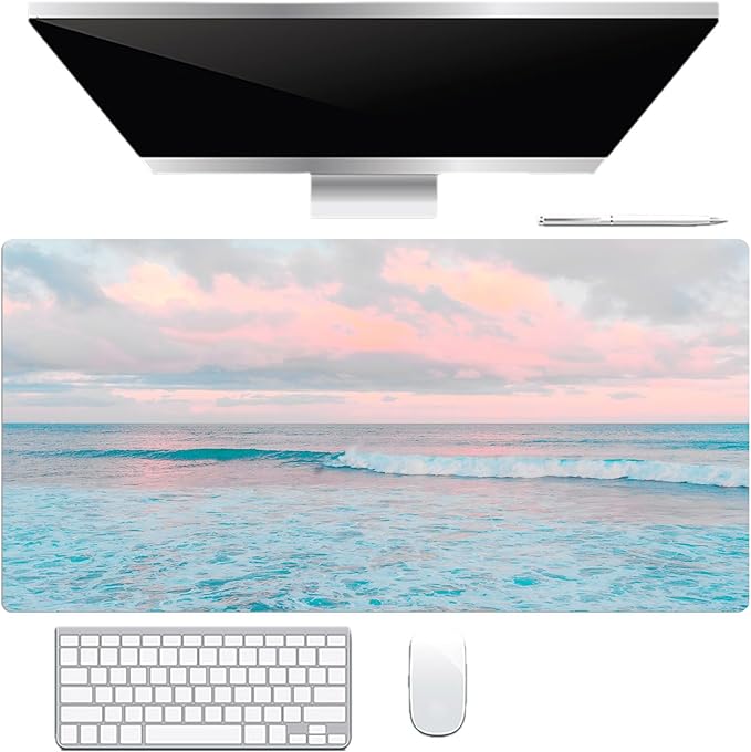 EOBTAIN Blue Beach Large Mouse Pad Coastal Desk Mat Cute Ocean Scene XXL Keyboard and Mouse Pad Desk Accessories for Office Home,Thin and Big Extended Smooth Non Slip Rubber Mousepad,31.5x15.7 Inch