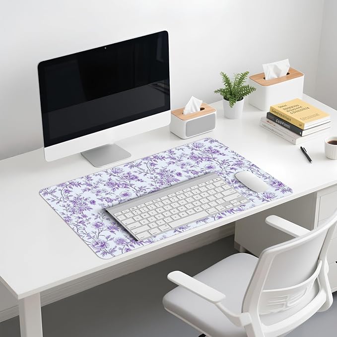 Purple Chinoiserie Mouse Pad,Vintage Purple and White Floral Desk Mat,XL Large Vintage Flowers Preppy Mouse Pad,Girly Laptop Desk Mat for Dorm Home Office,23.6x11.8 Inch