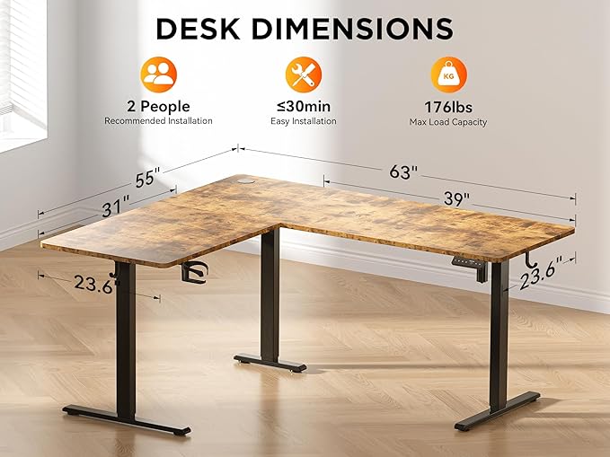 63X55 Inches Reversible L Shaped Standing Desk Height Adjustable with Cup Holder, Electric Corner Computer Desk, Sit Stand up Home Office Desk, Ergonomic Gaming Desk, Rustic Brown