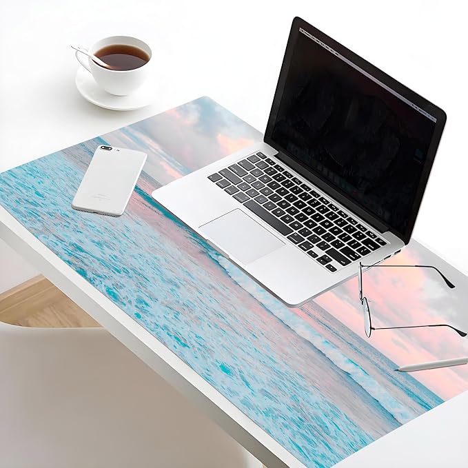 EOBTAIN Blue Beach Large Mouse Pad Coastal Desk Mat Cute Ocean Scene XXL Keyboard and Mouse Pad Desk Accessories for Office Home,Thin and Big Extended Smooth Non Slip Rubber Mousepad,31.5x15.7 Inch