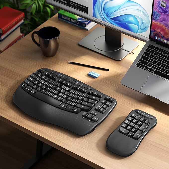 MEETION Ergonomic Keyboard with Separate Numeric Keypad, Wave Wireless Flexible 2-in-1 Setup for Multi-Device, 2.4G/Bluetooth Split Design with Wrist Rest for Accountants/Data Entry/Left-Handed