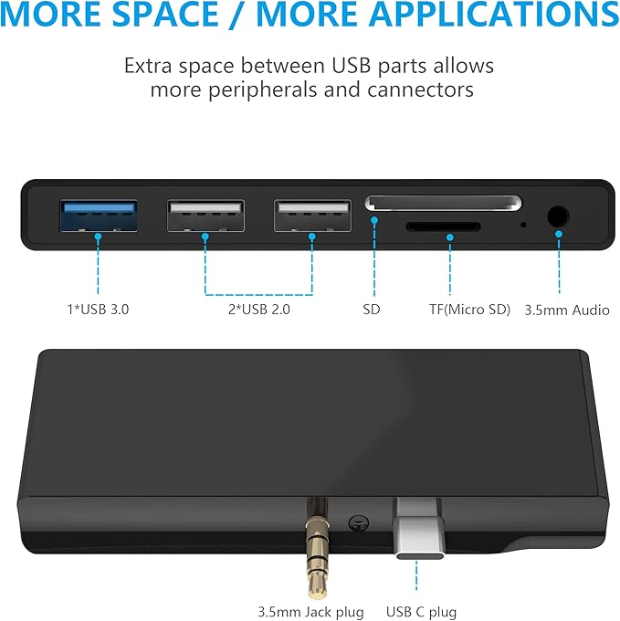 Surface Go/Surface Go2/Surface Go3 USB Adapter, 6-in-2 Surface Go/Go 2/Go3 Accessories with USB 3.0+2 USB2.0 Ports, 3.5mm Audio and Mic 2 in 1 Port, SD/TF Card Reader -for Surface Go/Go2/Go3