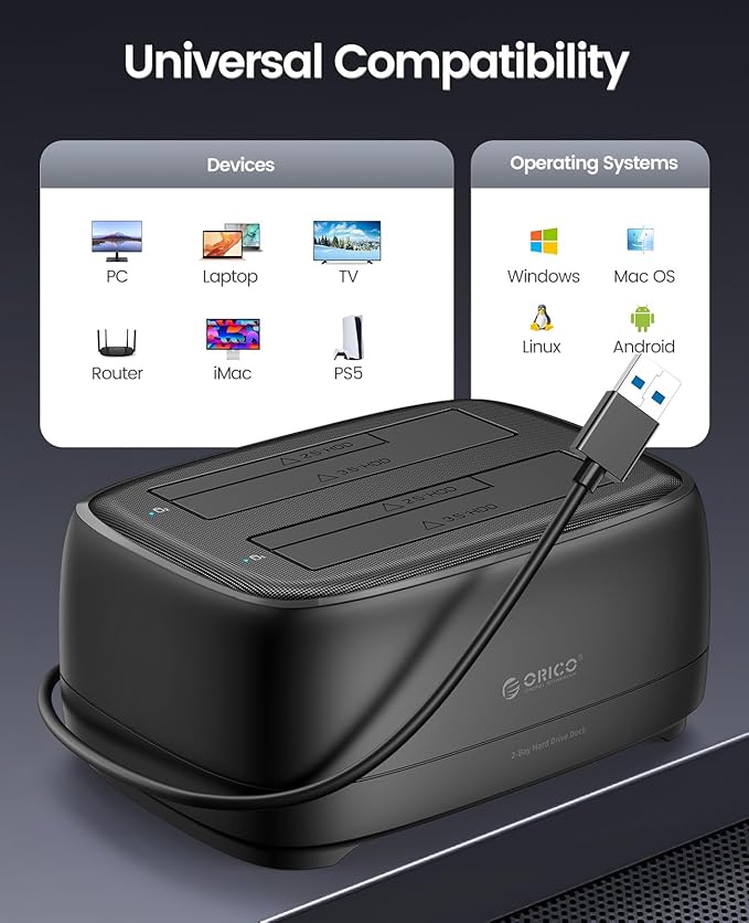 ORICO Dual Bay Hard Drive Docking Station USB 3.0 to SATA III for 3.5inch HDD Max Up to 40TB Support UASP Tool-Free for Files Backup/Game Load (Without Cloner Function)-DD28