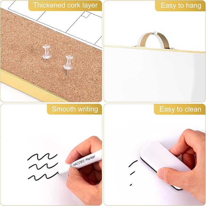 ARCOBIS Dry Erase Calendar with Cork Board for Wall, 12"x16" Double-Sided Calendar Whiteboard & White Board with Gold Frame, Magnetic Monthly Planning Board for Home, Office, School