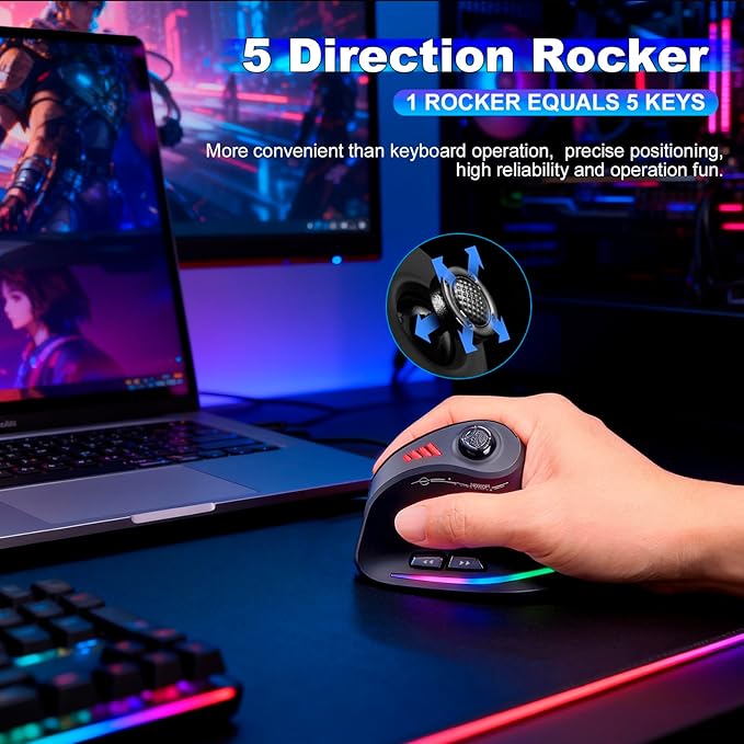 TRELC Wireless Gaming Mouse with 5 D Rocker, 24000 DPI/11 Programmable Buttons, Ergonomic Mouse for 2 Devices Connection (BT+2.4GHz), Vertical Rechargeable Mice for PC/Laptop/E-Sports/Gamer (Black)