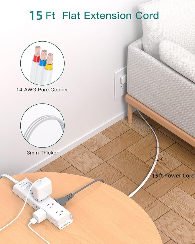 15FT Extension Cord - Surge Protector Power Strip, Addtam 12 Widely Multiple Outlets 3 Sides Outlet Extender, 900J, Wall Mount, Extra Long Flat Power Strip for Home Office College Dorm Room Essentials