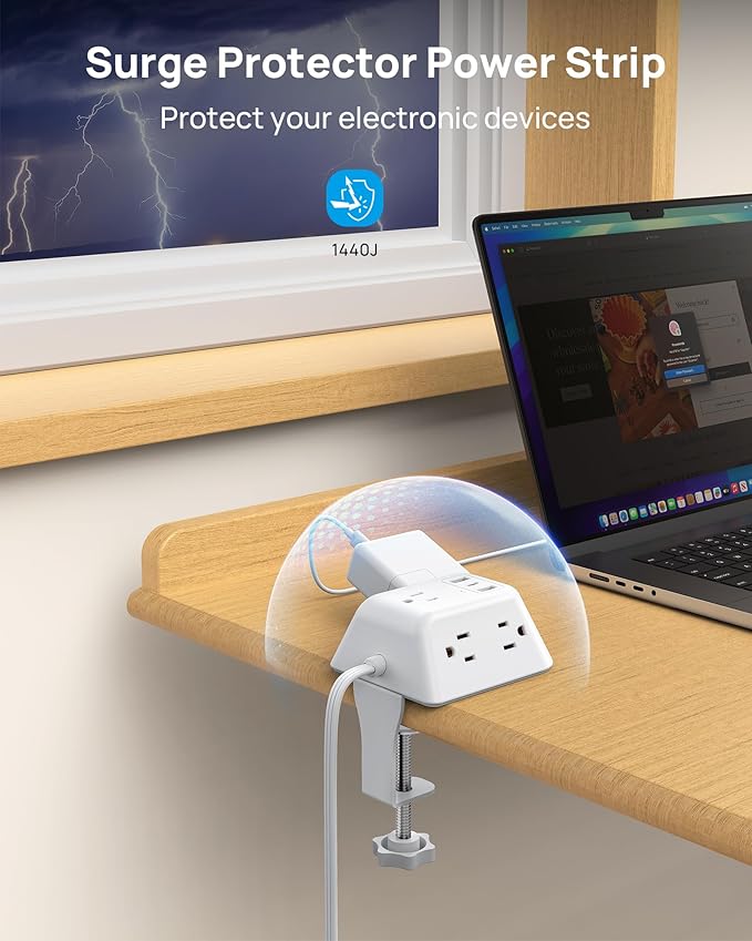 Desk Clamp Power Strip, Surge Protector with 5 AC Outlets and 3 USB Ports, Desk Mount Charging Station, Fit 1.97in Tabletop Edge Thick, 10FT Extension Cord, for Home Office Gaming Accessories, White