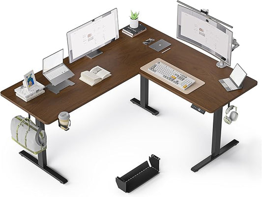63 Inches Reversible L Shaped Standing Desk for Home Office, Electric Height Adjustable Corner Computer Desk, Sit Stand up Table with Cup Holder, Ergonomic Gaming Desk, Black Walnut