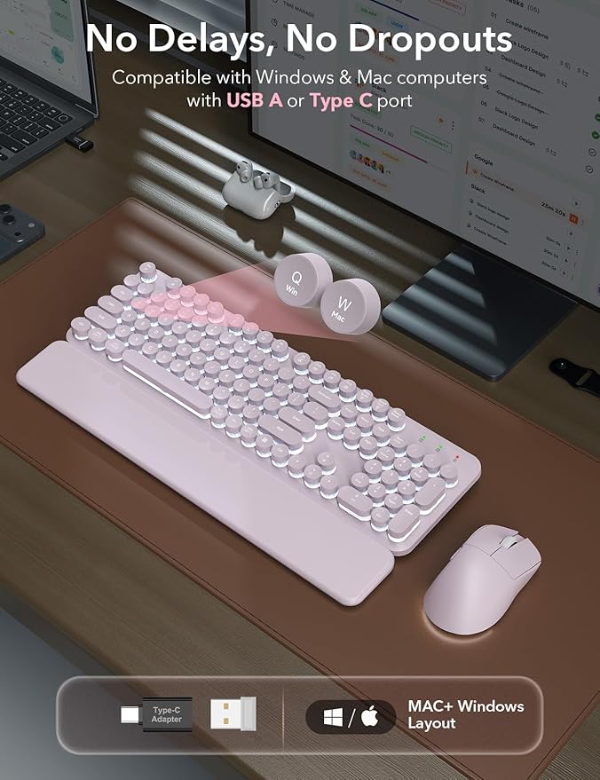 Wireless Keyboard and Mouse Backlit - Typewriter Keyboard with Magnetic Wrist Rest, Retro Round Keycaps, Light Up Letters, 2.4GHz Cordless Combo for Mac, Windows, PC, Laptop, Trueque（Dusty Lavender）