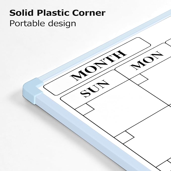 Monthly Whiteboard Calendar for Wall, 24" x 18" Dry Erase Board with Plastic Frame, Hanging Dry Erase Calendar with 3 Mini Sticky Notes for Kitchen Planner, Memo, Home and Office, Blue