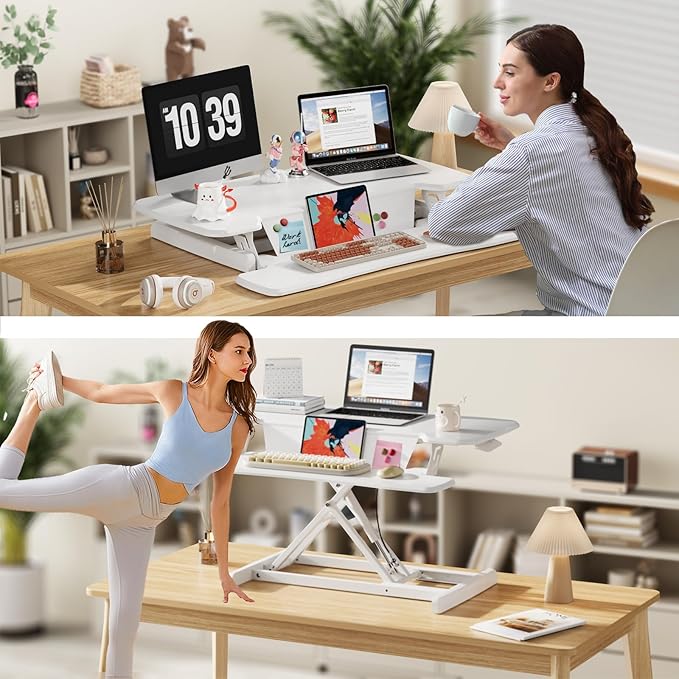 JOY worker Standing Desk Converter, 35" Height Adjustable Sit Stand Up Desk Riser with Keyboard Tray & 6 Fridge Magnets, Desktop Workstation Riser for Home Office Computer Laptop, White