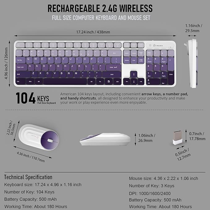 Wireless Keyboard and Mouse Combo - 2.4G Wireless, Rechargeable, Low-Noise, Cute Colorful, Full-Sized, 3 DPI Adjustable Mouse, for Computer, Laptop, PC, Desktop (Gradient Purple)