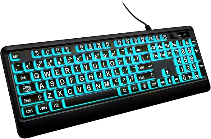 Large Print Backlit Keyboard, Wired Lighted Computer Keyboards with 7-Color Backlight, Light Up Oversize Letter Keys, Foldable Stands, USB Quiet Keyboard for PC, Windows, Laptop (Colorful Backlit)