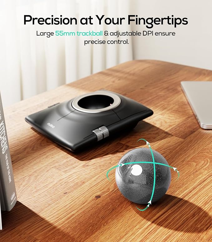 Nulea Wireless Trackball Mouse, Ergonomic 55mm Trackball, Adjustable DPI for Precise Control, Left or Right Hand Compatible, Rechargeable, Multi-Device Bluetooth & 2.4GHz (Silver)