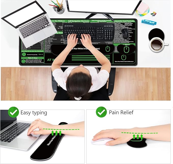AIMSA Shortcuts Cheat Sheet Mouse Pad, Large Keyboard Shortcut Keys Desk Mat+ Mouse Pad with Wrist Rest+ Keyboard Wrist Rest Support+ Coaster, Ergonomic Multifunctional Mousepad