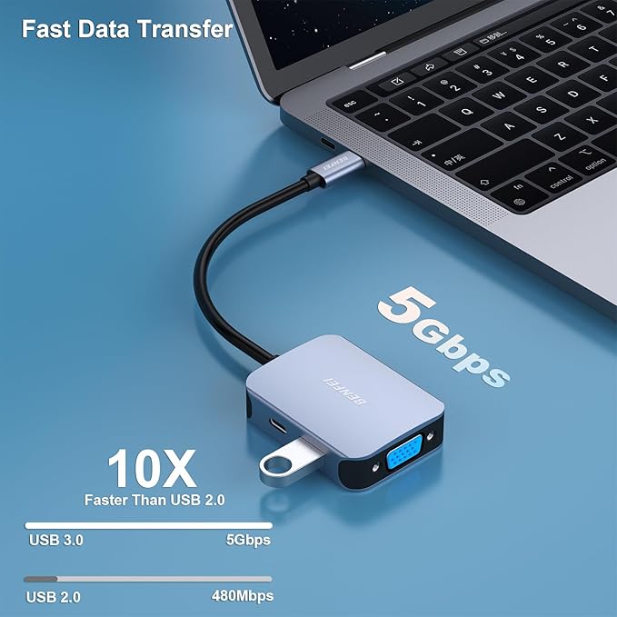 BENFEI USB C HUB 4-in-1, USB Type-C to HDMI VGA Adapter, USB C to USB Adapter, USB Type-C Power Delivery, Compatible with iPhone 15 Pro/Max, MacBook Pro/Air 2023, iPad Pro, iMac, S23, XPS 17