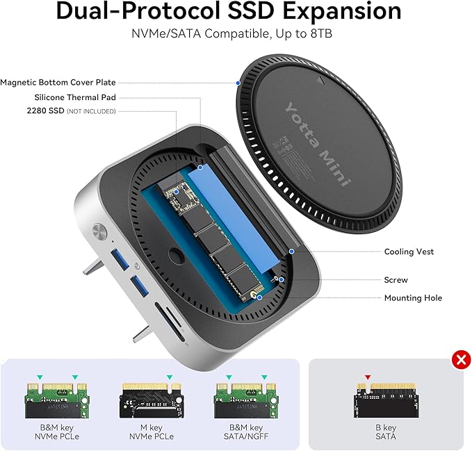 Yottamaster 9 in 1 Mac mini M4 Dock 10Gbps with 8TB NVMe SATA SSD Enclosure, Aluminum Mac mini M4 Stand and Hub, Built in Cool Fan, USB-A*2/USB-C 10Gbps, USB-A 2.0 * 2, 3.5mm Audio*2, TF/SD