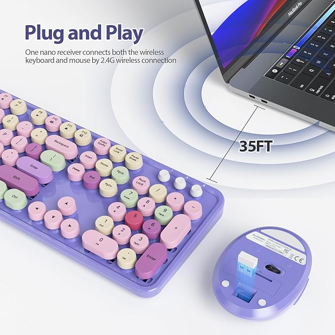 Purple Keyboard and Mouse Combo Wireless, 2.4G Full Size 104-Key Retro Typewriter Keyboards Round Keys for Students Teenagers Home Office PC Laptop(Colorful Purple)