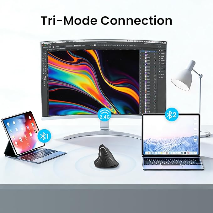 Wireless Ergonomic Vertical Mouse, Rechargeable Tri-Mode (Dual Bluetooth + 2.4G USB) Optical Mouse with Adjustable RGB Lighting, Multi-Device Control for Laptop, PC, Mac, iPad, Desktop (Dark Black)