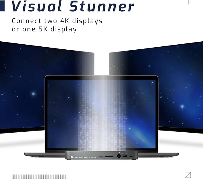 OWC 14-Port Thunderbolt Dock, 85W charging, (2) Thunderbolt 40 Gb/s (USB-C), (5) USB 3.2 Type-A, USB 3.2 (10Gb/s) Type-C, Mini DisplayPort, GbE, Audio, Single 5K or Dual 4K Displays, cable, For Mac/PC