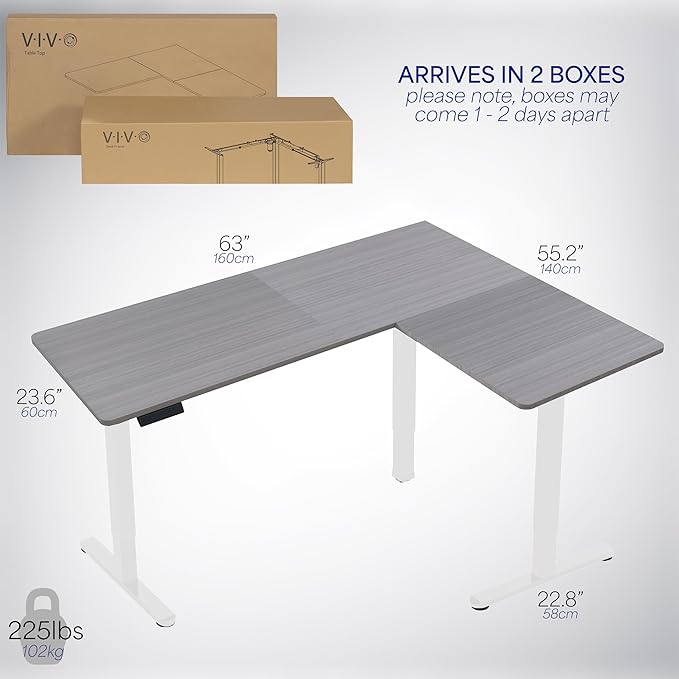 VIVO Corner Standing Desk, 63 x 55 inch Reversible L-Shaped Workstation, Electric Height Adjustment, Home, Office, and Reception Rooms, Dark Gray Table Top White Frame, DESK-E3CTWG