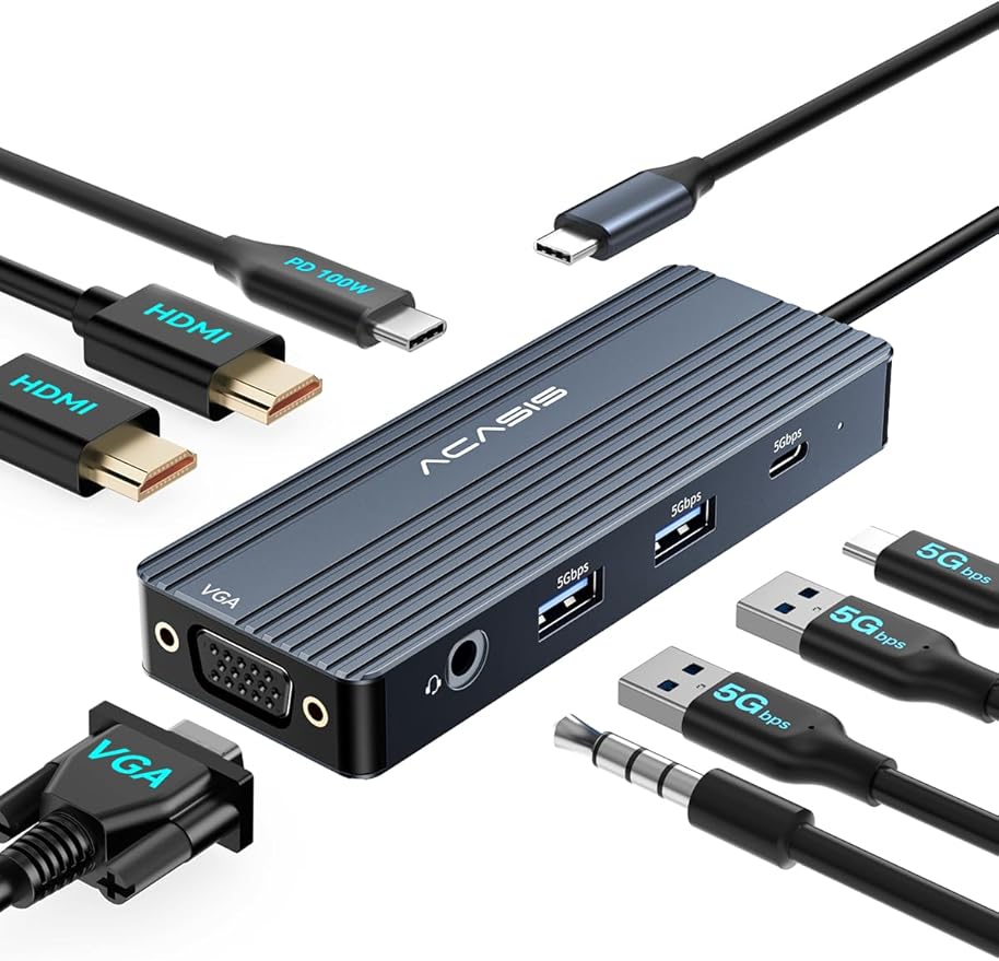 ACASIS USB C Docking Station Dual Monitors,8-in-1 Laptop Docking Station with Dual HDMI +VGA +2 * 5G USB-A/C+3.5MM Audio+PD100W, USB C HUB multiport Adapter for Dell/HP/Lenovo ThinkPad（Gray）