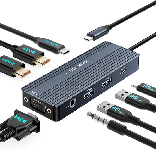 ACASIS USB C Docking Station Dual Monitors,8-in-1 Laptop Docking Station with Dual HDMI +VGA +2 * 5G USB-A/C+3.5MM Audio+PD100W, USB C HUB multiport Adapter for Dell/HP/Lenovo ThinkPad（Gray）