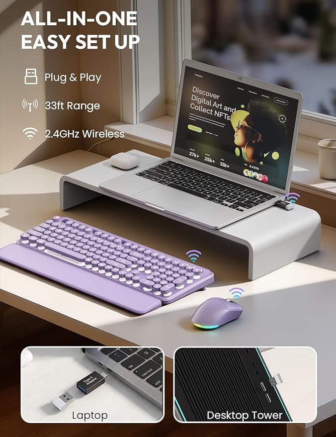 Wireless Keyboard and Mouse Combo - Backlit Typewriter Keyboard with Magnetic Wrist Rest & Phone Holder, Light Up Round Keys, 2.4GHz Cordless Set for Mac, Windows, PC, SABLUTE (Soft Lilac)
