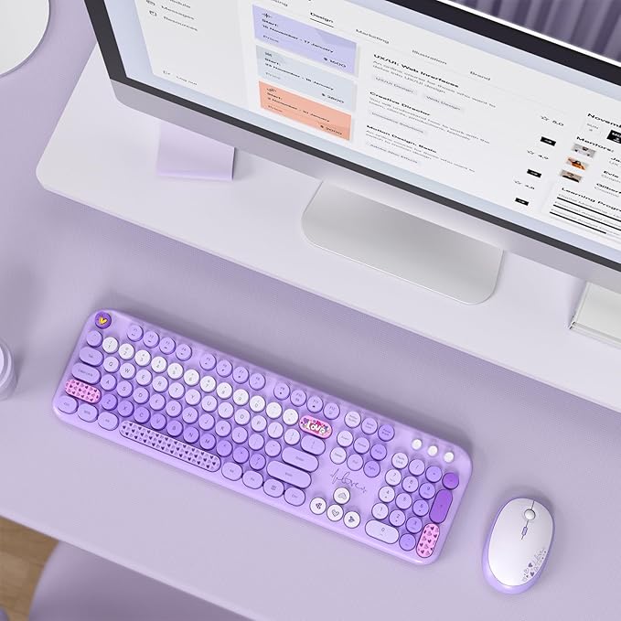 KNOWSQT Wireless Keyboard and Mouse Combo - Lovely Purple Rainbow 2.4G Full-Sized Colorful Keyboards, Round Keycap USB Dongle Plug Play Cute Keyboards for Windows, Laptop, PC, Desktop, Mac
