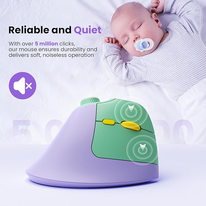 seenda Ergonomic Mouse Wireless, MOU-302 Bluetooth Vertical Mouse Rechargeable, Optical Mice with 1000/1600/2400 DPI, Volume Knob, 3 Multi-Device Connectivity for Computer/PC/Laptop/Mac, Purple