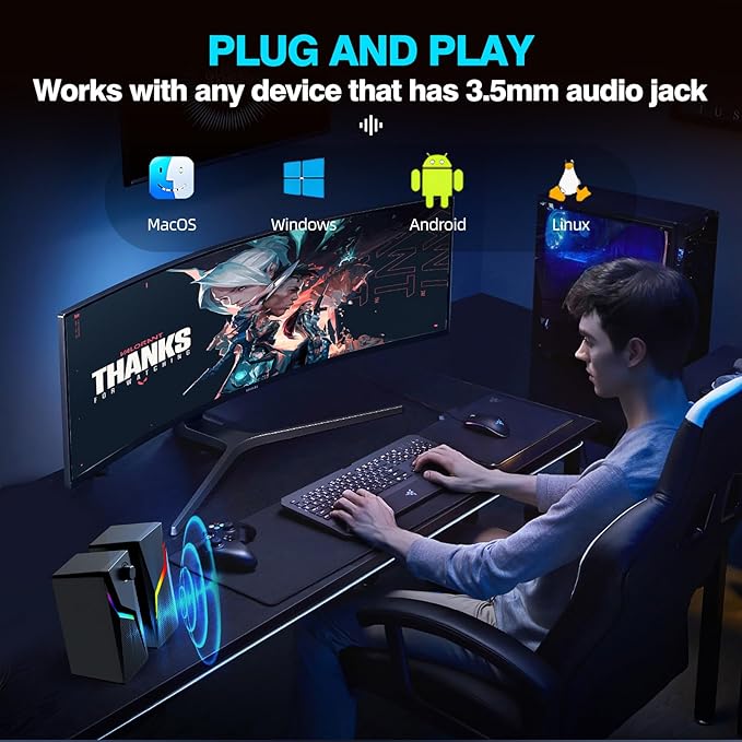 Computer Speakers, PC Speakers for Desktop with 6 Lighting Modes, PC Gaming Accessories, Stereo Sound Desktop Computer Speakers with 2 Bass-Boost Ports, USB Powered 3.5mm AUX Cable