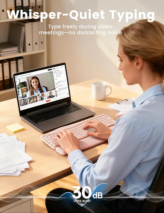 Pink Wireless Keyboard and Mouse Combo, 30dB Quiet Ergonomic Wave Keyboard Set with Soft Leather Palm Rest, Dual-System Switch for Windows/Mac, Ideal for Business Teams Home Office - SABLUTE MA41