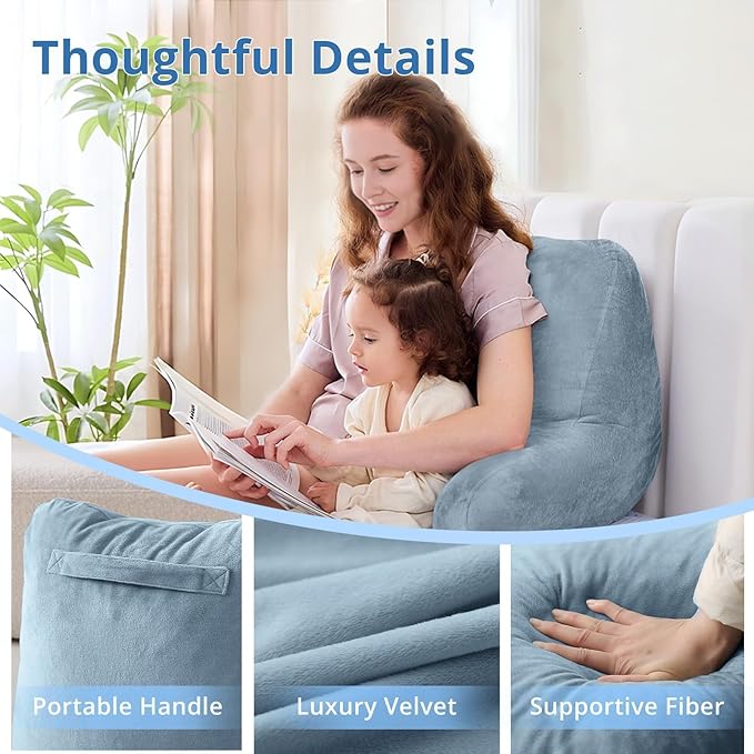 Sasttie Reading Pillow for Sitting in Bed Adult, Back Pillow for Bed Sitting Up, Backrest Back Support Chair Pillow, College Dorm Essentials for Girls and Boys, Greyish Blue Standard