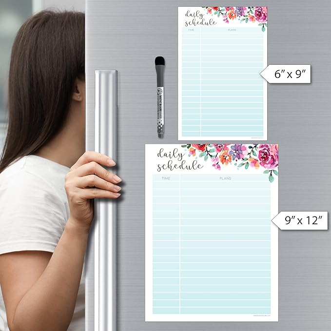 Dry Erase Daily Schedule Planner Sticker Decal by Glassboard Studio | Removable & Reusable | Magnetic Fine-Tip Marker Included (6 x 9 inches, Floral)
