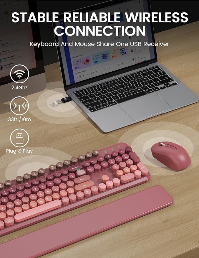 Wireless Keyboard and Mouse Combo, Typewriter Keyboard with Detachable Wrist Rest, Full-Size Retro Round Keycaps, Smart-Sleep, 2.4GHz Stable Connection for Mac/Windows/PC, Trueque(Ombre Dusty Rose)
