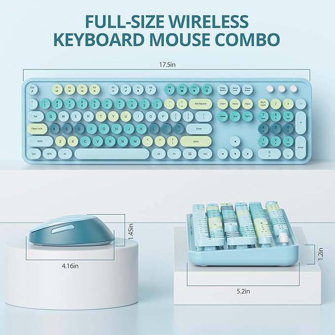 Colorful Blue Keyboard and Mouse Combo Wireless, 2.4G Full Size 104-Key Retro Typewriter Keyboards Round Keys for Students Teenagers Home Office PC Laptop(Colorful Blue)
