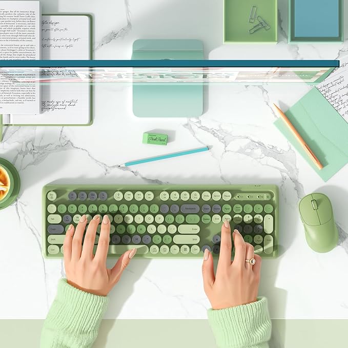 Colorful Wireless Computer Keyboards Mouse Combos,Full-Size Retro Typewiter Keyboard, 4 Level DPI Adjustable Wireless Mouse, 2.4GHz Connection with Optical Mouse, Green