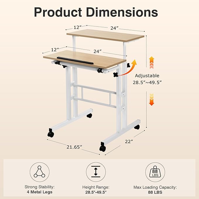 VECELO Small Mobile Standing Desk 24 Inch, Adjustable Height Portable Stand Up Desk with Wheels Computer Workstations, Rolling Laptop Cart, Oak