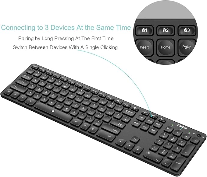 Arteck Universal Backlit 7-Colors & Adjustable Brightness Multi-Device Full Size Wireless Bluetooth Keyboard for Windows, iOS, iPad OS, Android, Computer Desktop Laptop Surface Tablet Smartphone